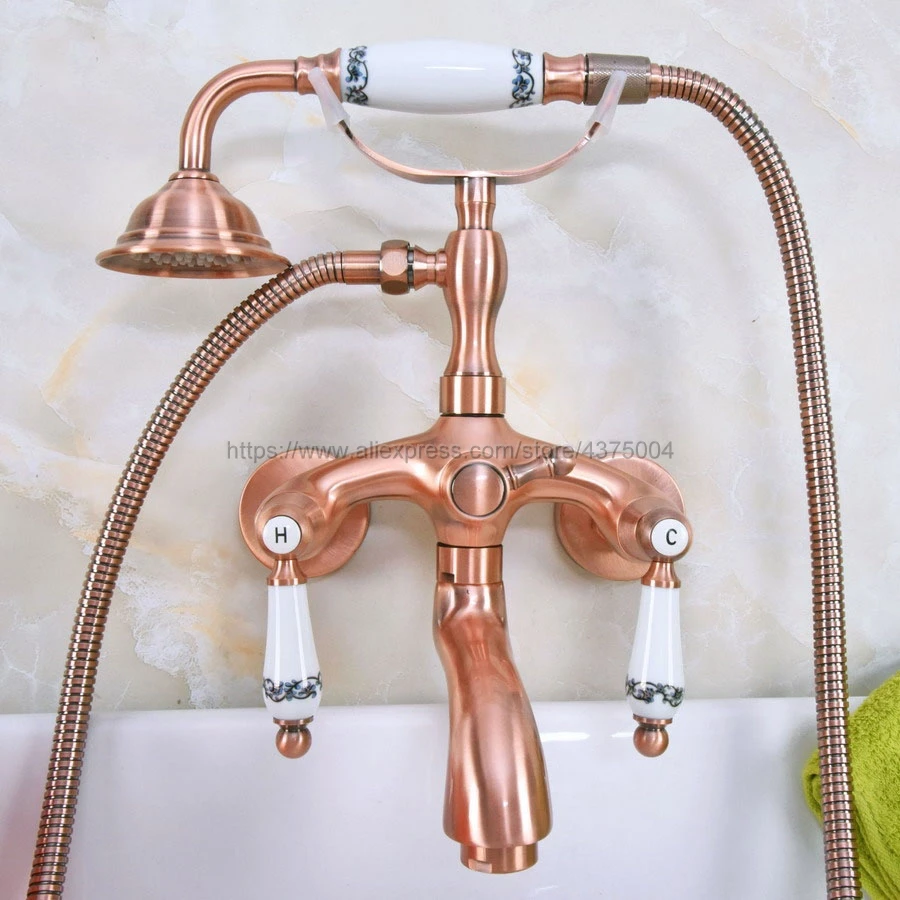 Wall Mount Antique Red Copper Bathtub Faucet Dual Handles Swivel Spout Mixer Tap Ceramic Handles With Hand Shower Nna312