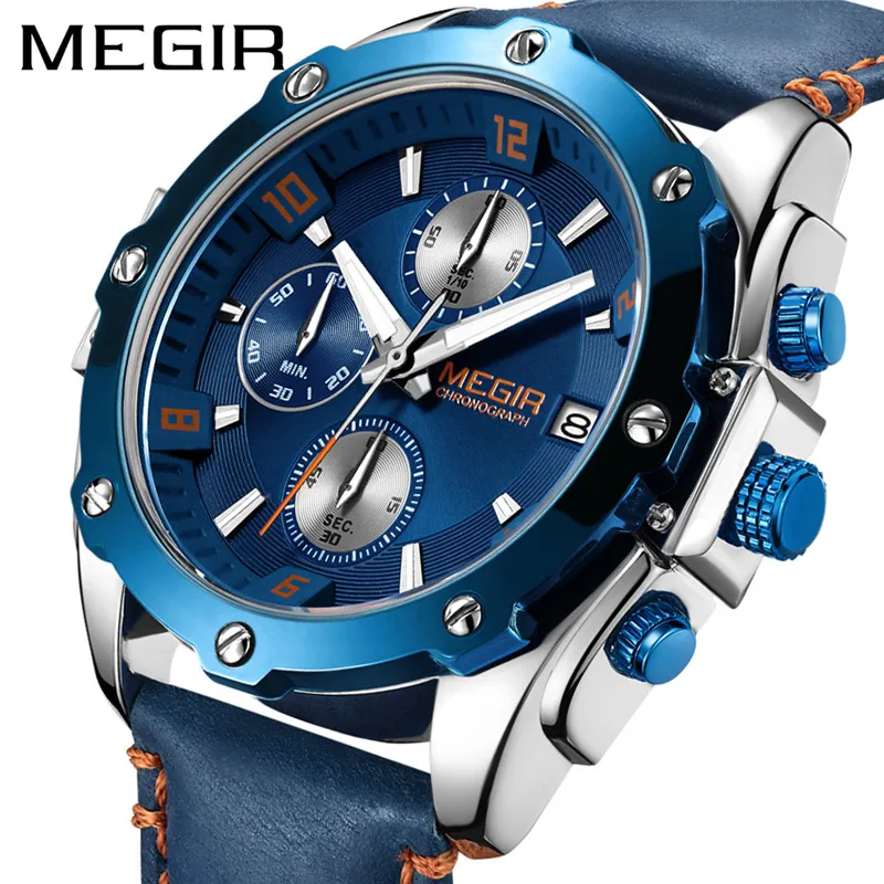 

MEGIR Chronograph Men Watch Relogio Masculino Blue Leather Business Quartz Watch Clock Men Creative Military Wrist Watches 2074