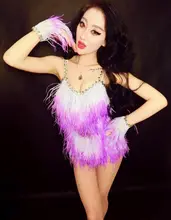 Feather rhinestone bodysuits Stage Wear One Piece women sexy queen Ostrich gloves female singer DJ DS dance costume dress