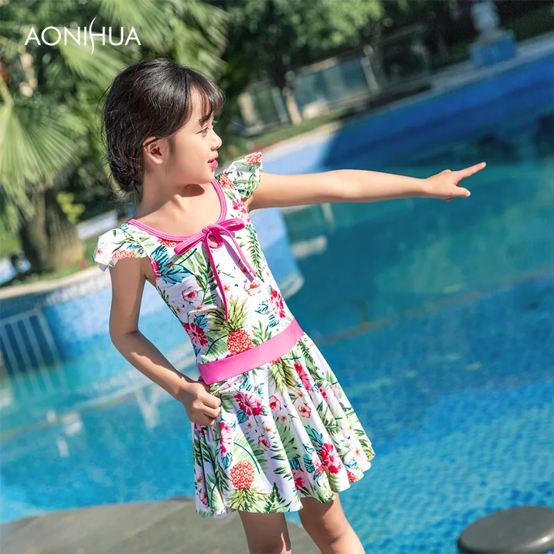 

AONIHUA Floral Sweet Girl One-piece Suits Bow tie String Romatic Angle Swimsuit Girls With Hat Batching Suit 2-12 Years old