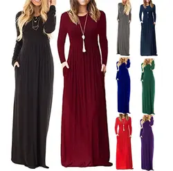 Новый Большие размеры Для женщин с длинным рукавом Caual сплошной цвет о-образным вырезом Макси карманов платье Длинные свободные пляжные