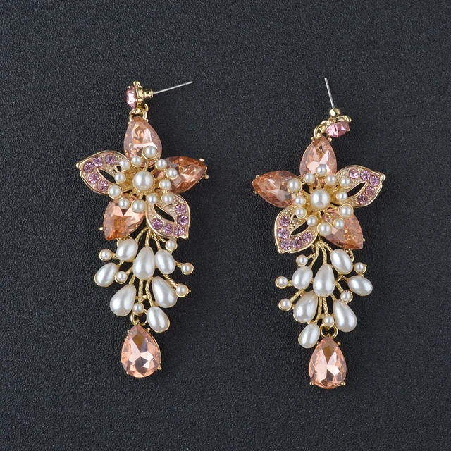 Elegant Peach Color Pearl Drop Earrings Bridal Wedding Jewelry Elegant Peach Color Pearl Drop Earrings Bridal Wedding Jewelry Rhinestones Dangle Gift For Women Party