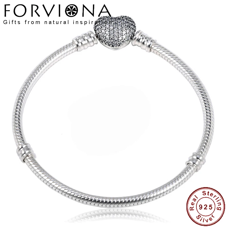 

Authentic 100% Real 925 Sterling Silver Love Heart Clasp Chain Snake Charm Bracelet & Bangle For Wome Silver Jewelry