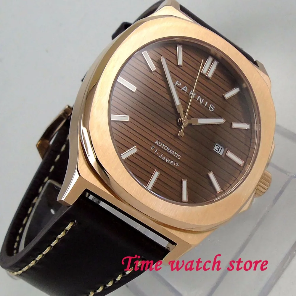 Parnis 44mm plated gold mechanical auto watch men waterproof square lether coffee dial luminous sap
