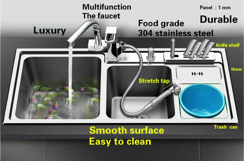304 нержавеющая сталь стандартная кухонная раковина 1 мм Большой двойной корыто для посуды 86x44/91x43 см