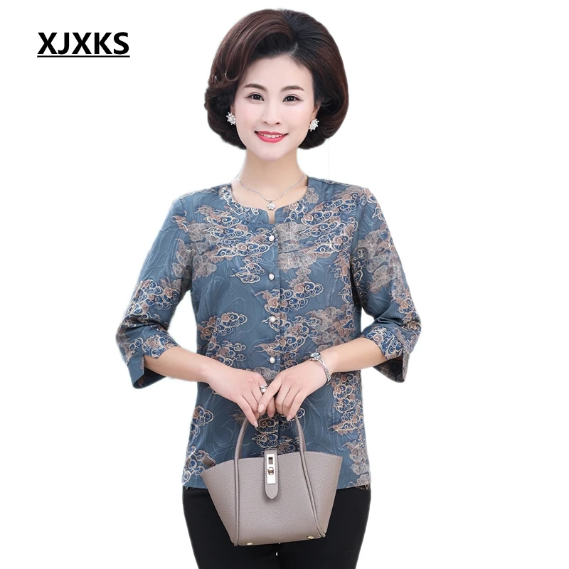

XJXKS New 2019 Spring Fashion 7/10 Sleeve Shirt Chiffon Printing Loose Round Neck Women Shirt Single-breasted Casual Blouse