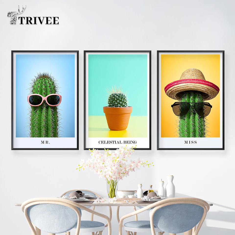 Cool Cactus Canvas Print Wall Art Painting Decor With Sunglasses Hats For Living Room Bathroom Home Unframed | Дом и сад