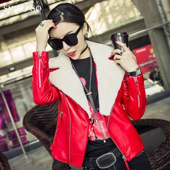 

SHILO GO Leather Jacket Womens Spring Fashion sheepskin genuine leather coat Fur lapel collar zipper rivet red slim locomotive