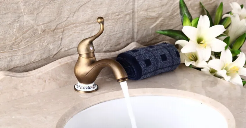 Single Handle Antique Brass Porcelain Basin Faucet Bronze Antique