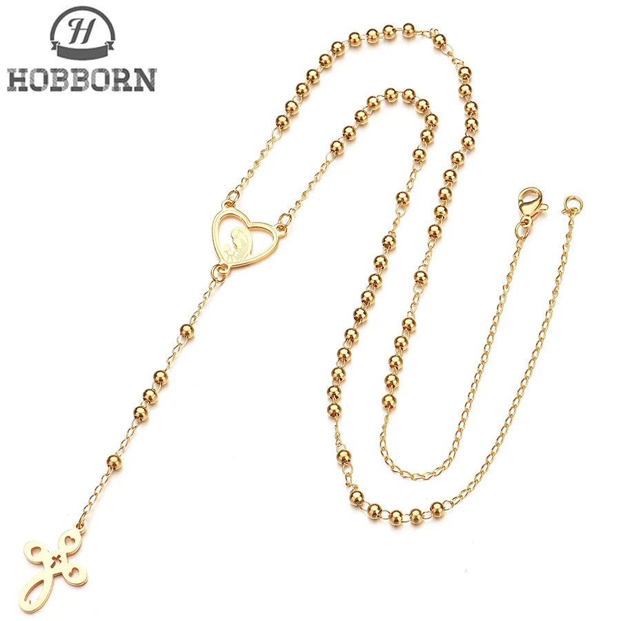 

HOBBORN Trendy Women Long Chain Necklaces 316L Stainless Steel High Polished Rosary Beads Virgin Mary Cross Female Necklace Gift