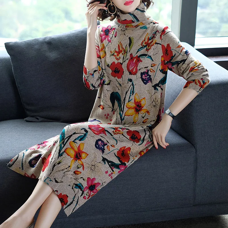 

Winter Fall Fashion Women Floral Pattern Colored Knitted Sweater Dress , Female Womens Slim Turtleneck Flower Knitting Dresses
