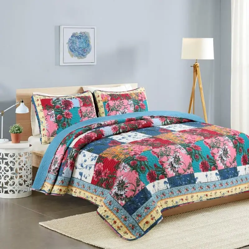 

CHAUSUB Flowers Printed Quilt Set 3PCS Washed Cotton Quilts Quilted Bedspread Bed Cover Sheets Pillowcase King Size Coverlet Set