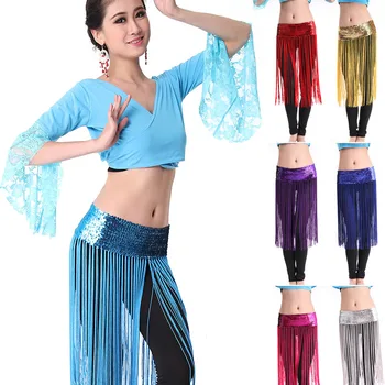 

Women Belly Dance Stretchy Long Tassel Belt Sequins Dance Accessories -MX8