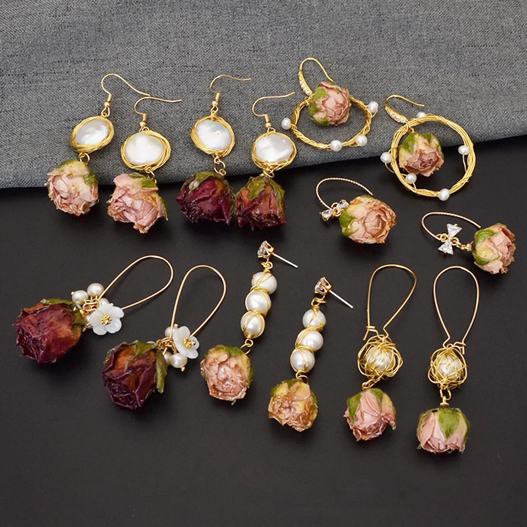 2 Pieces Dried Rose Flowers Charms with Liquid Resin Covered and Loop for DIY Earrings Pendant Jewelry Making Findings