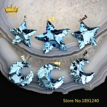 

5PCS Large Stars Tourmaline Charms for Necklace,Titanium Blue Tourmaline Moon Beads Pendants Fashion Jewelry Supplies DSS181