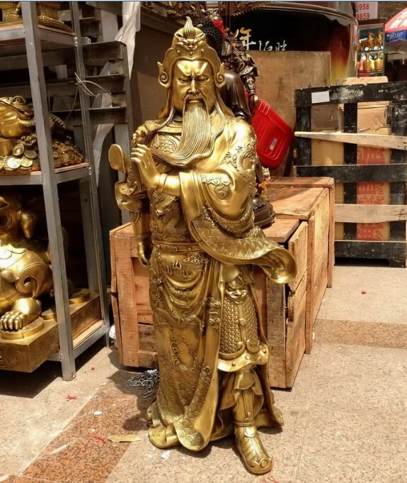 

39" Chinese Brass Copper Dragon Sword Warrior Guan Gong Guan Yu Buddha God Statue