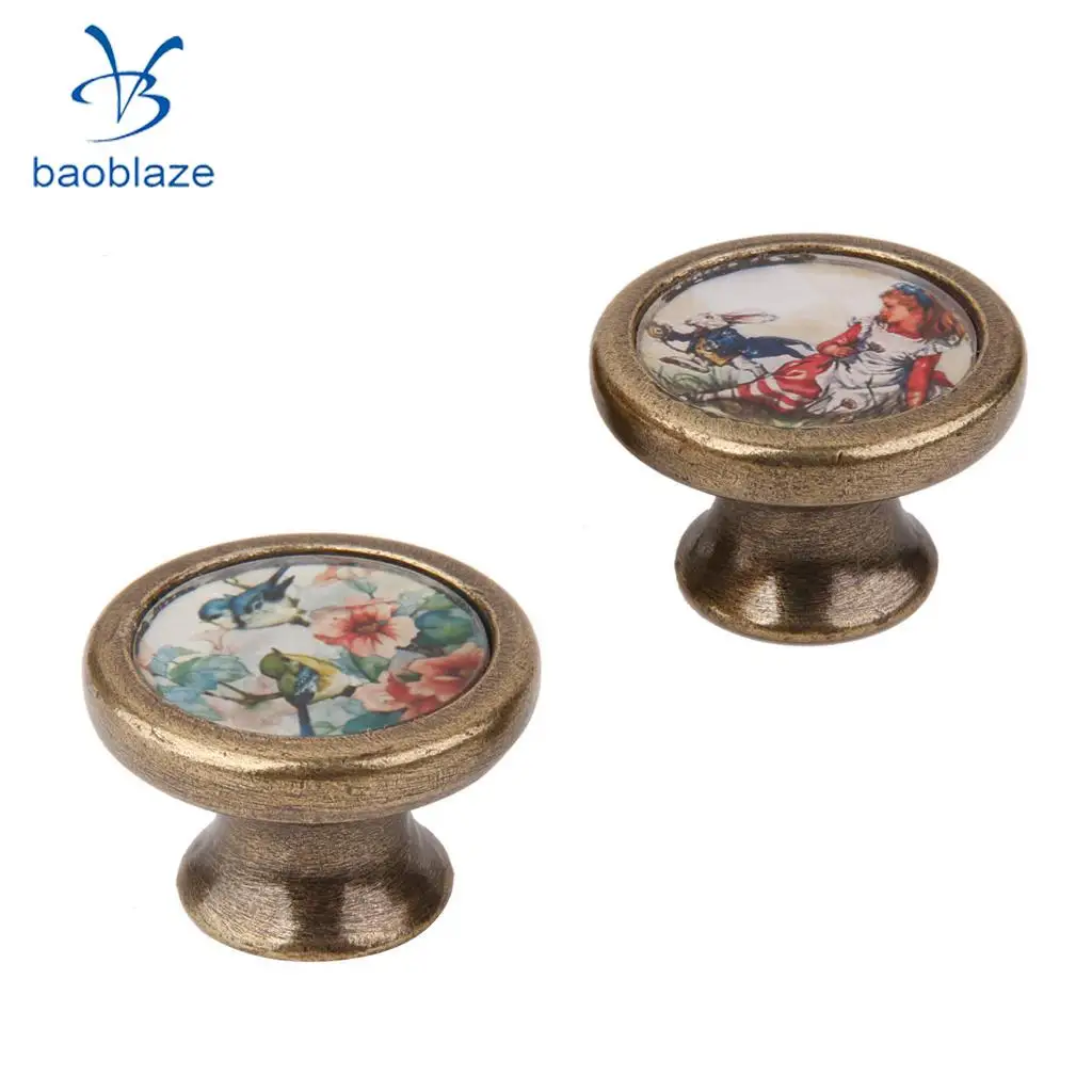 2 Pieces Vintage Retro Brass Round Cabinet Door Drawer Closet Dresser Pulls Handle Knobs with Screws Rabbit Girl + Birds Flower