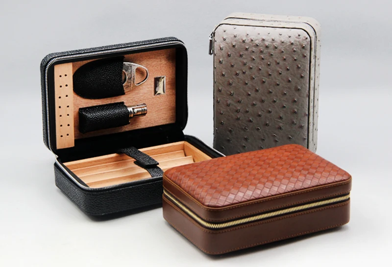 LUBINSKI Cigar Set Leather & Cedar Wood Cigar Case with Humidifier & Cigar Cutter & Lighter, can hold 4 Cigars Humidor