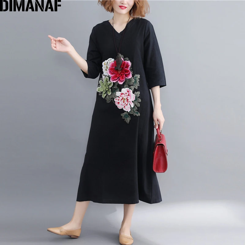

DIMANAF Women Long Dresses Elegant Vintage Plus Size Female Lady Vestidos Appliques Floral Linen Black Dress 2018 Autumn Clothes