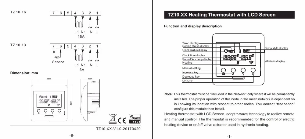 Z-Wave plus умный термостат TZ10.36 электрическое Отопление для домашнего пола контроль температуры EU868.42MHZ