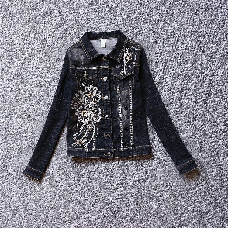 Veste Automne Et Nouveau Femmes Européen Large Taille Broderie Hiver À 2018 Casual Fleurs Paillettes Denim UFnzAqq