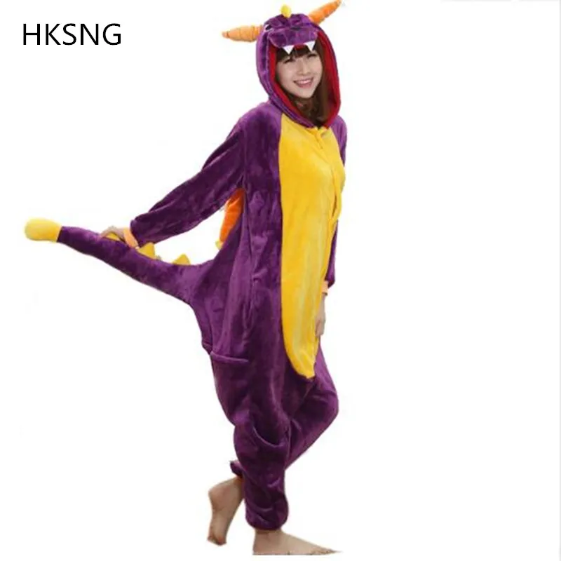 

HKSNG Adult Spyro Onesies Pajamas High Quality Flannel Purple Dragon Costumes Jumpsuits Pijama Sleepwear