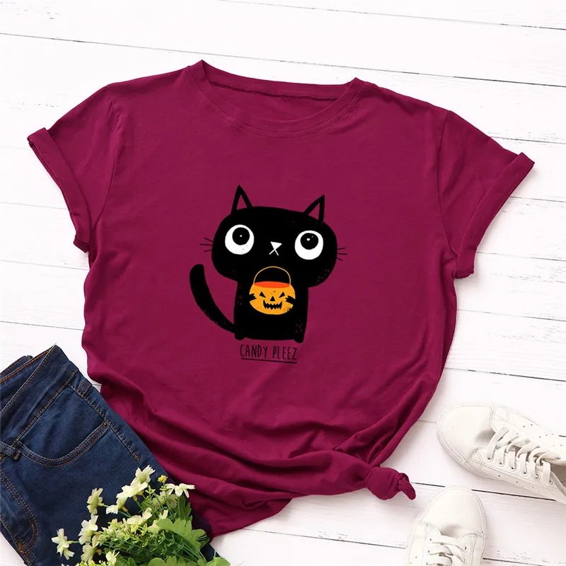 

Plus Size S-5XL New Lovely Cat Letter Print T Shirt Women 100% Cotton O Neck Short Sleeve Summer T-Shirt Tops Hallowmas T Shirts