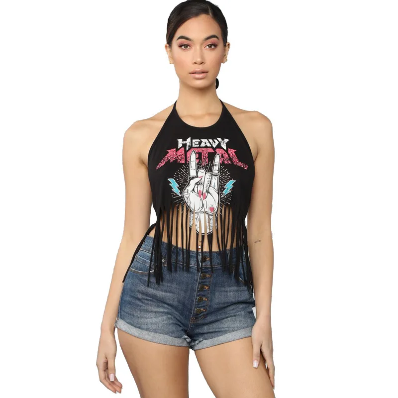 Rock Crop Top Women Summer Sexy Cropped Streetwear Tops HEAVY METAL Print Halter Top Backless Tassel Designs Croptop Black Red Rock Crop Top Women Summer Sexy Cropped Streetwear Tops HEAVY METAL Print Halter Top Backless Tassel Designs Croptop Black Red