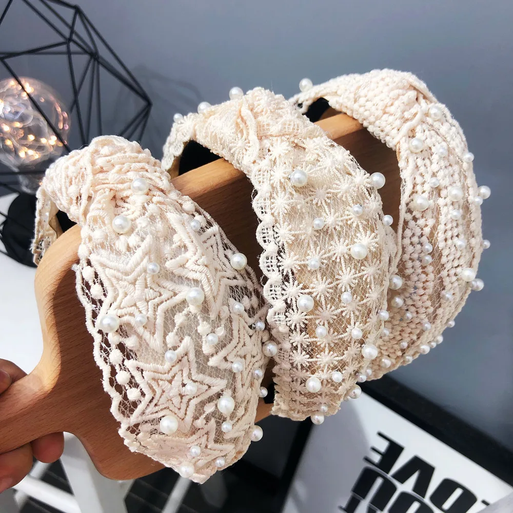 

Floral Star White Black Lace Headband Pearl Hair Accessories Sweet Wedding Boutique Bow Hair Bands for Women Wide Knot Headwear