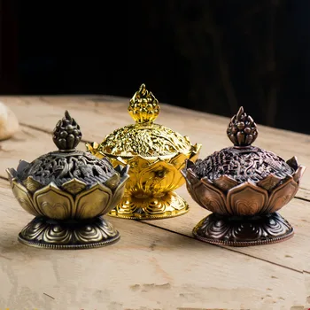 

1pc Alloy Metal Gold/Green Copper/Red Copper Lotus Howllow Buddhist Suppliers Tibetan Incense Burner Home Putting Decoration