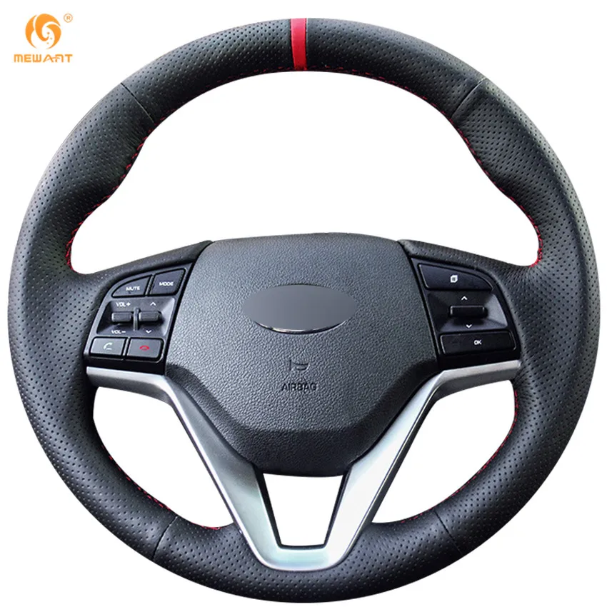 MEWANT Black Genuine Leather Car Steering Wheel Cover for Hyundai