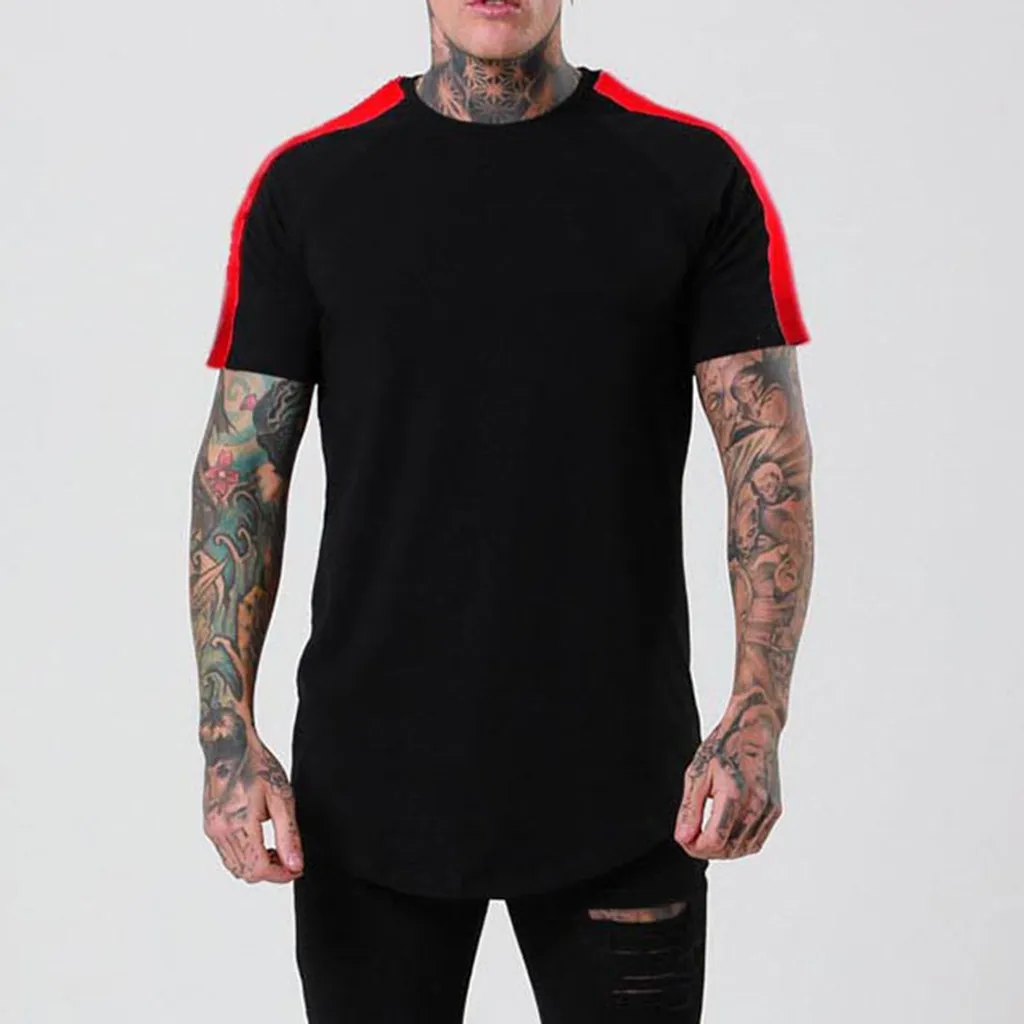 

Men's Fashion Contrast Color Stitching Two Color Slip Shoulder Round Collar Casual T-Shirt Short Sleeve Shirt summer 2019 NEW