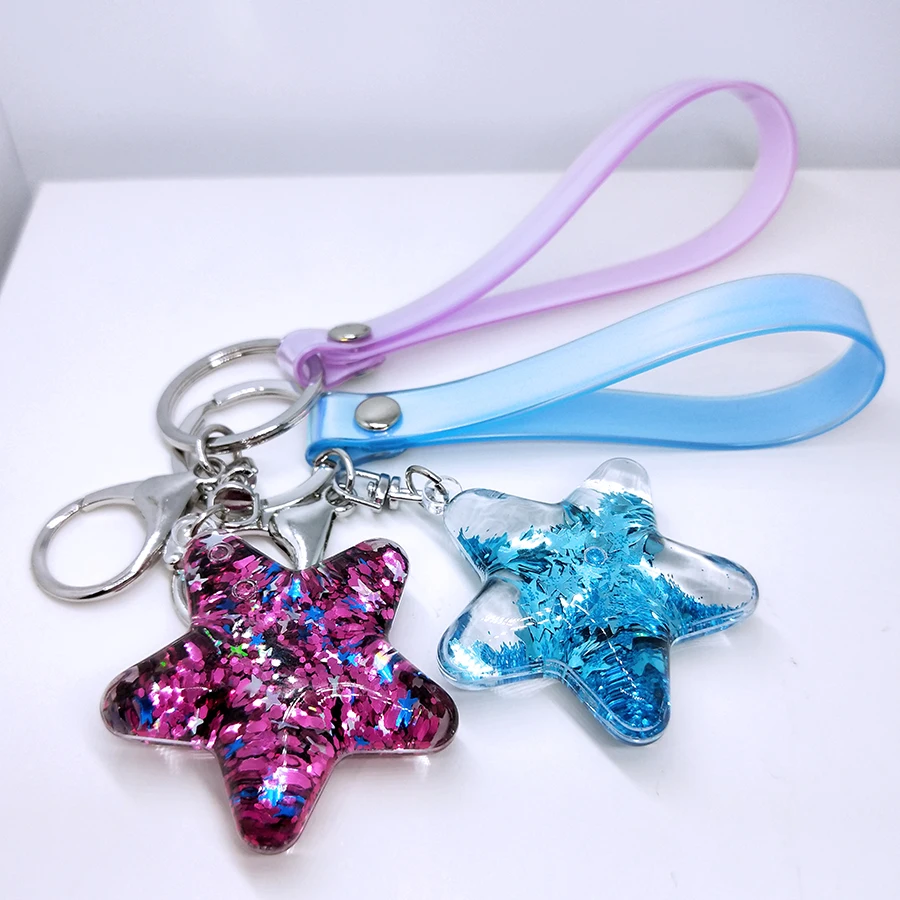 

Pentagram Moving Star Sequin Glitter Quicksand Keychain Liquid Acrylic Keyring Backpack Pendant Couples Women Men Keychain Gift