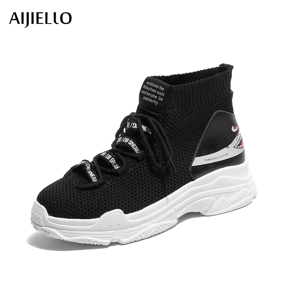 Girl High Top Women Sneakers 5 CM Thick Sole Sock Shoes Knit Vamp