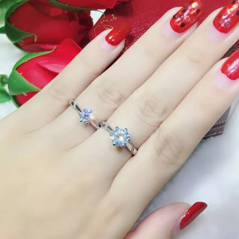 Skup Błyszczące naturalne Moissanite kamień klasyczny prosty 6 pazury pierścień dla dziewczyny 925 srebro grzywny biżuteria ślubna