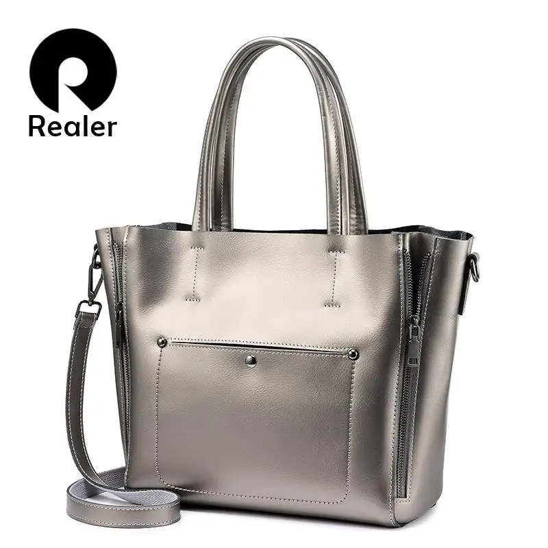 

REALER Shoulder bag tote women split leather ladies handbags designer high quality Pink large crossbody messenger bags