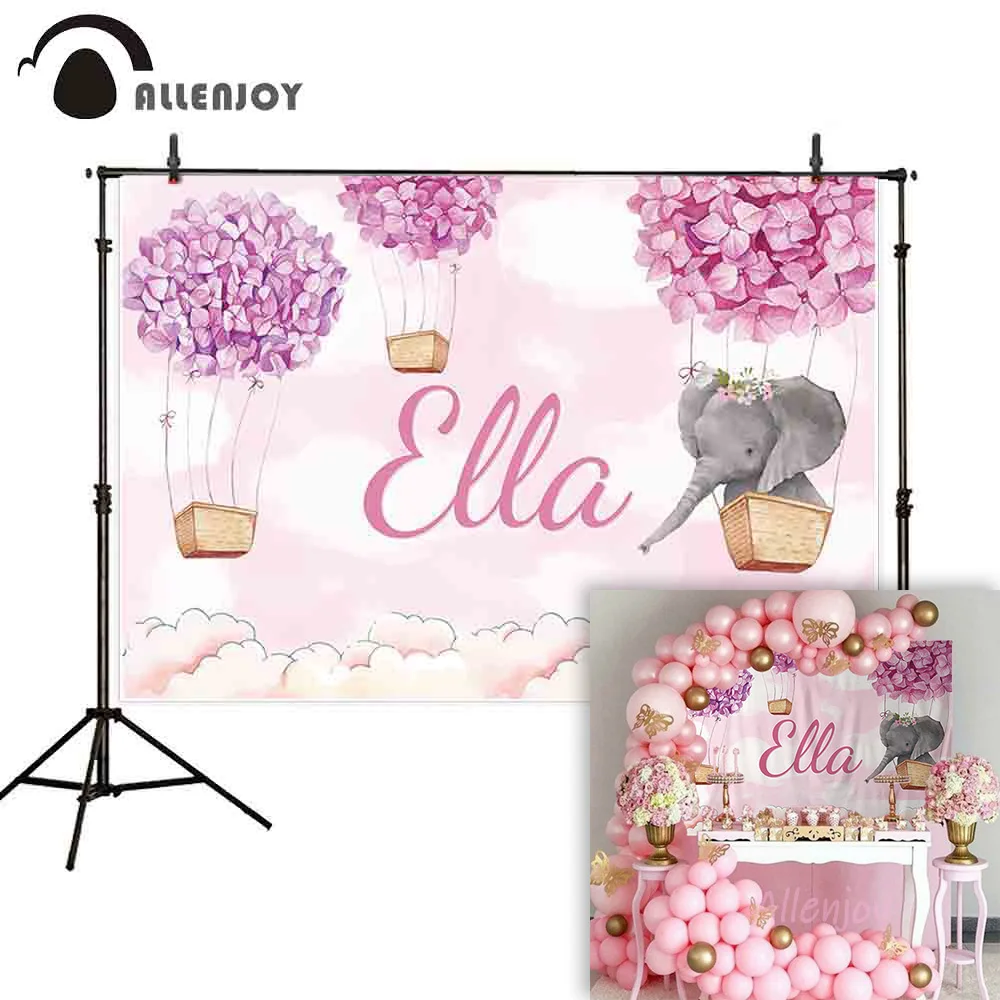 

Allenjoy backgrounds for photography studio purple pink flowers hot air balloon cute elephant white clouds backdrop photobooth