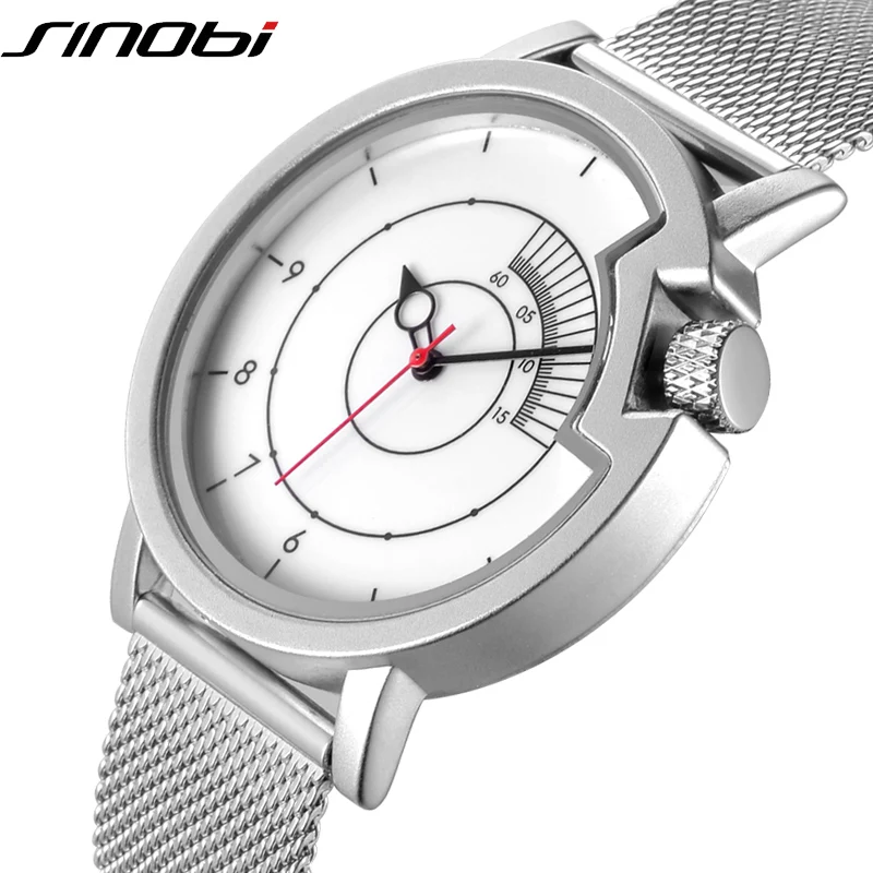 

SINOBI Brand Luxury Silver Steel Mesh Band Leather Strap Quartz Watch Men Waterproof Simple Wristwatch Clock