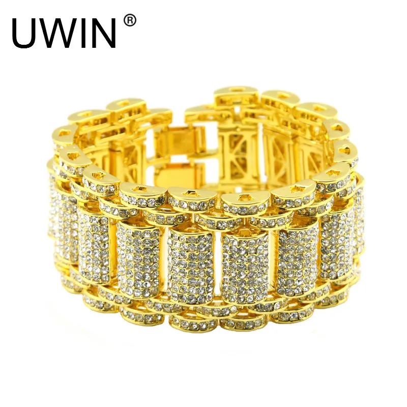 UWIN мужской хип хоп золотой браслет, рок, панк ювелирные изделия Bling AAA стразы; хрусталь; сплав Серебристые браслеты 20 см