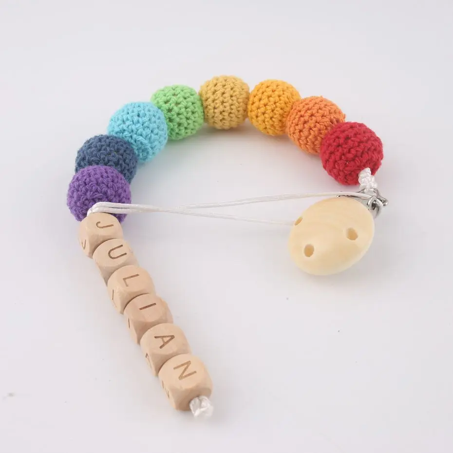 1PC Customize The Baby's Name Baby Pacifier Clips Rainbow Crochet Beads BPA Free Wood Teether Children's Jewelry Teether