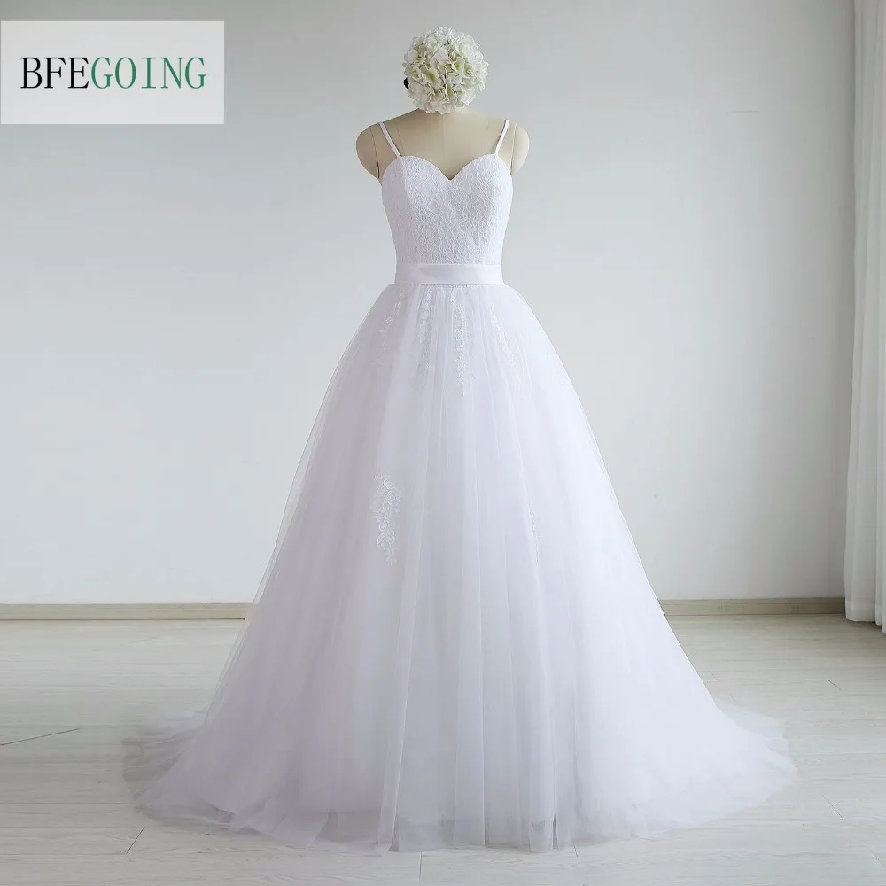

White Sweetheart A-line Wedding Dress Court Train Sleeveless Spaghetti Straps Bridal Gown Real/Original Photos Custom made