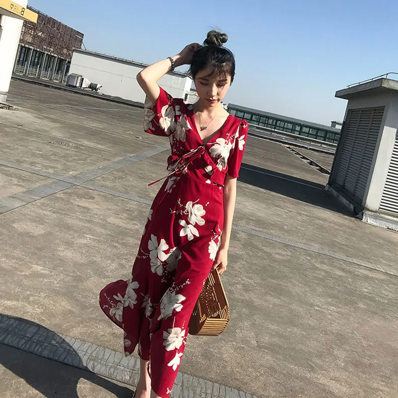 

Summer French women's clothes retro floral V neck dress short sleeved flower pattern with bow in the long section women dress