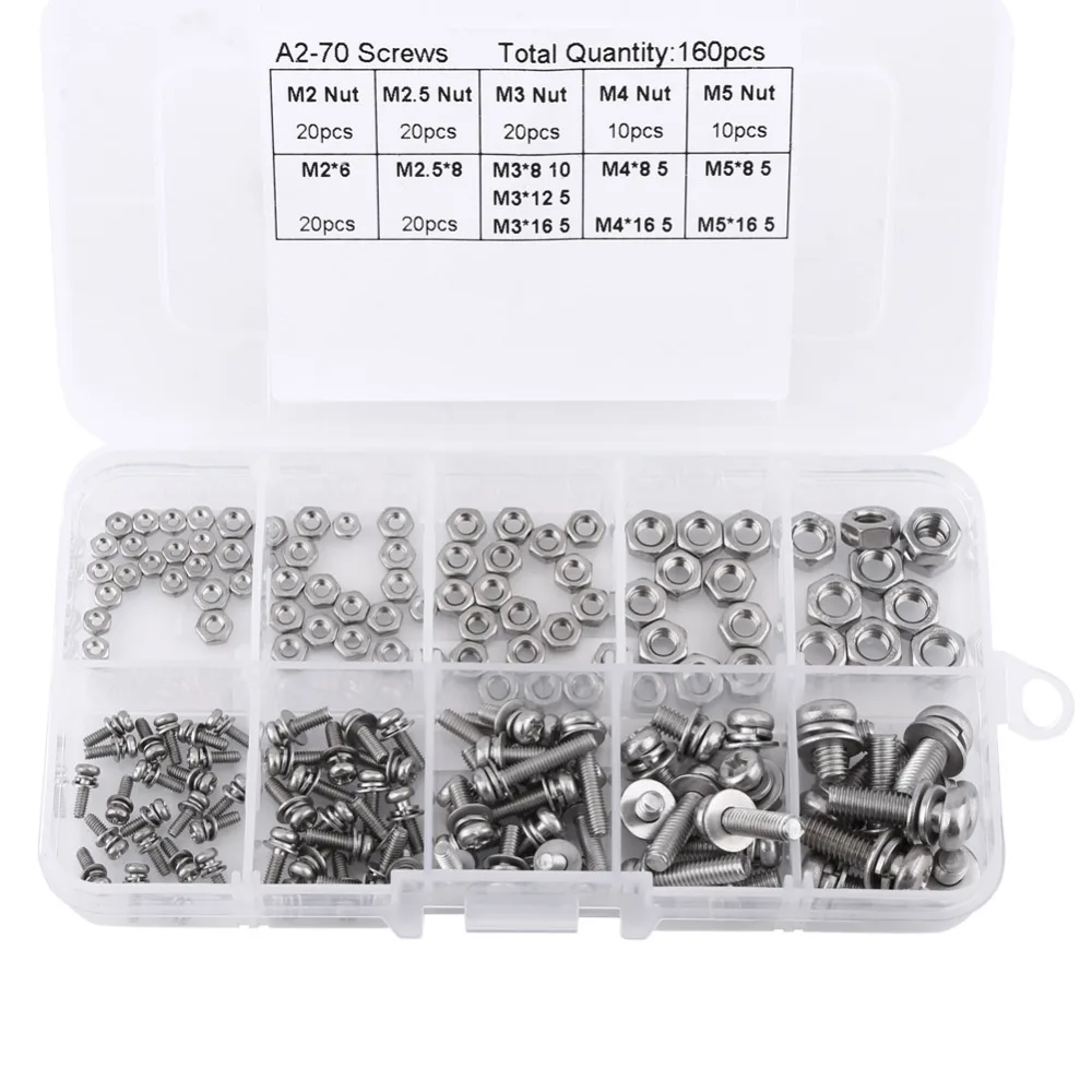 

160pcs/set Stainless Steel Pan Head Screws Nuts Assortment Kit M2 M2.5 M3 M4 M5 Fastener Hardware