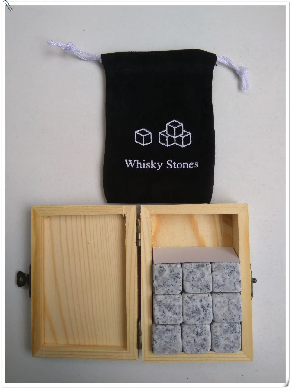 9Pcs/lot Whiskey Stones with Wooden Box& Velvet Bag Whiskey Coolers Rocks Stones Cube Stone