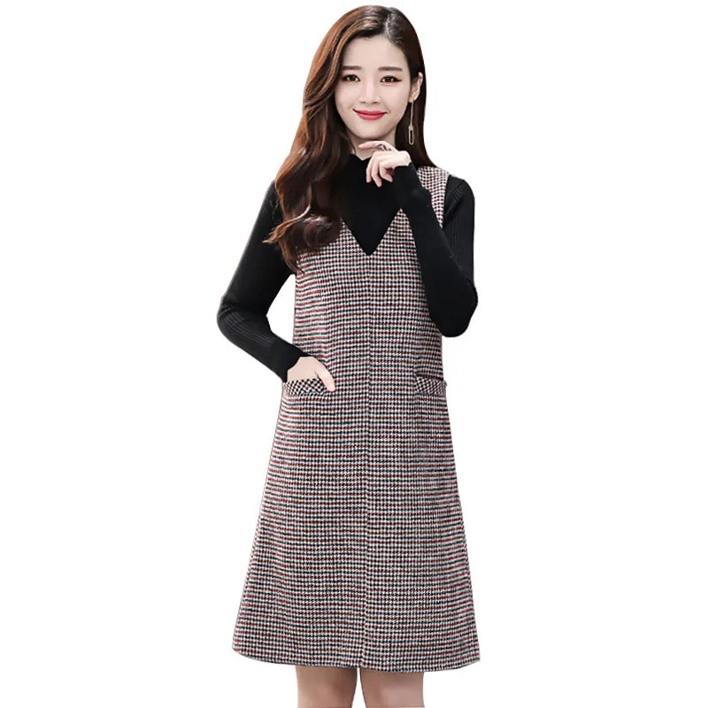

Autumn Winter Vest Dress 2019 New Women Plaid Print Mini Dress Sleeveless Pocket Slim Dress Female Woolen Dresses Vestidos R66