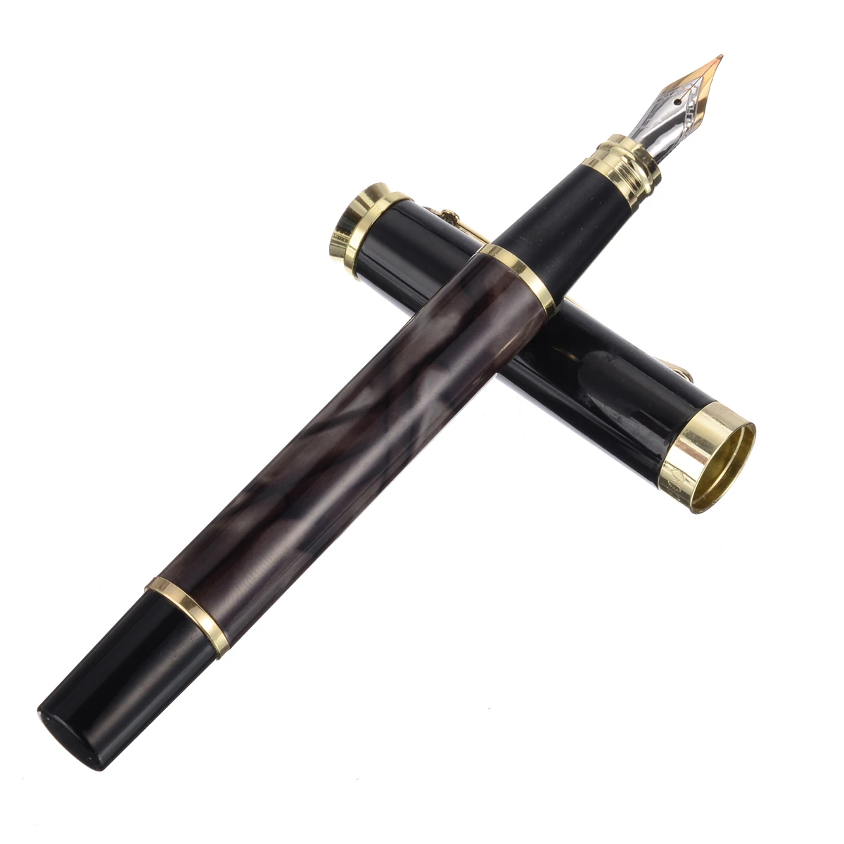 1 Piece Black Gold Medium Nib Fountain Pen Marbled Grain Standard Ink Fountain Pen Golden Clip School Office Student Supplies