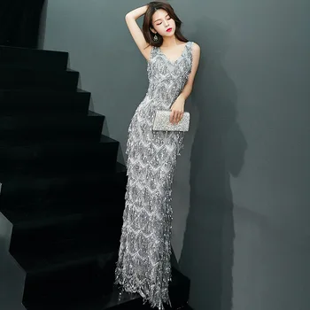 

Sequins Bridesmaid Dress Long Net yarn Mermaid Wedding Party Gowns Women Deep V-neck backless Halter banquet Dresses