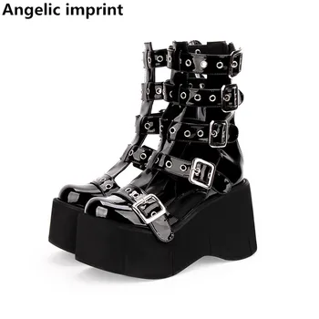 

Angelic imprint mori girl Women punk motorcycle shoes lady lolita ankle Boots woman high trifle heels pumps summer sandals 6029