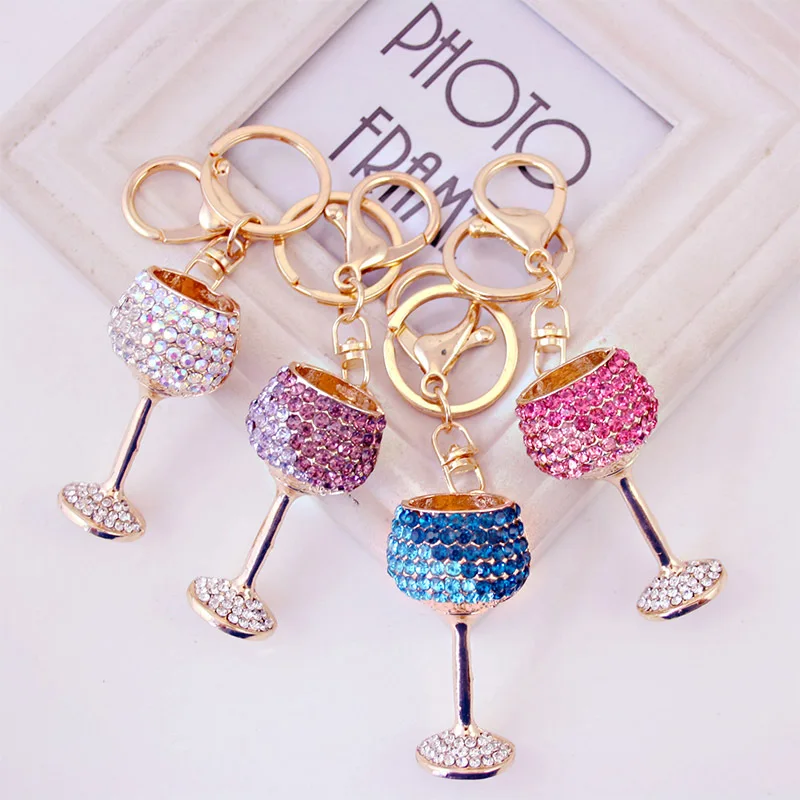 

Aiovlo Wholesale Crystal Rhinestone Keychain Red Wine Glass Key Chains Handbag Bucket Car Pendant Keyring Jewelry Gift