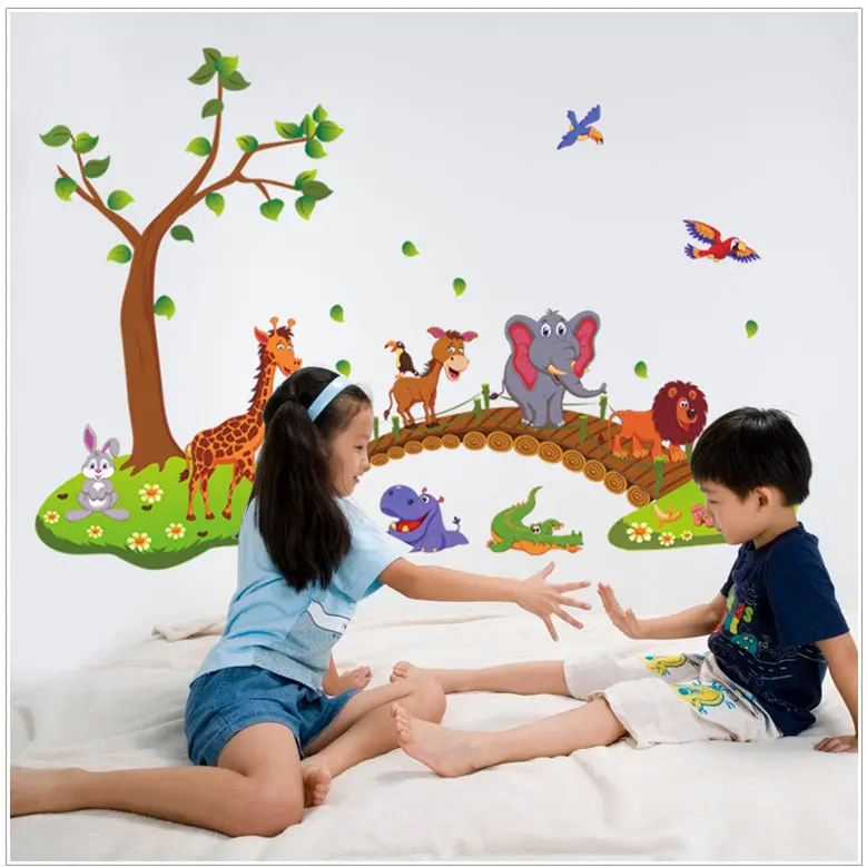 Us 4 99 Big Jungle Animals Bridge Vinyl Wall Stickers Kids Bedroom Wallpaper Decals Cute Anime Baby Children Cartoon Room Ay9245 In Wall Stickers